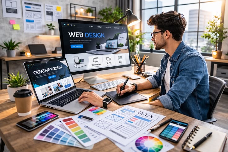 Création de site web pour PME : maquettes et écrans sur un poste de travail